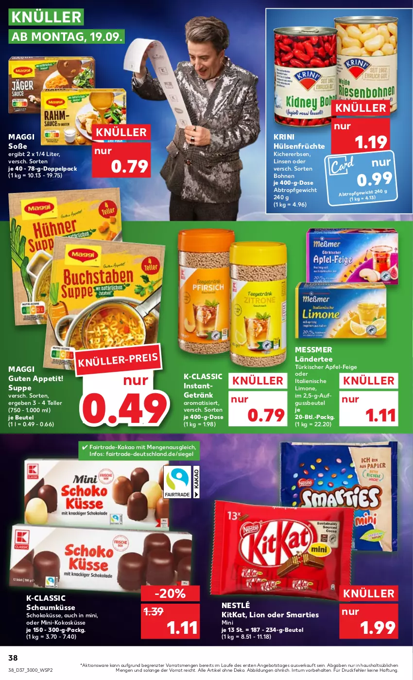 Aktueller Prospekt Kaufland - von 15.09 bis 21.09.2022 - strona 38 - produkty: angebot, apfel, beutel, bohne, bohnen, eis, elle, erbsen, früchte, getränk, hülsenfrüchte, kakao, kichererbsen, kitkat, kokos, Ländertee, limo, linsen, lion, maggi, nestlé, schoko, senf, smarties, Soße, suppe, tee, teller, Ti, ZTE