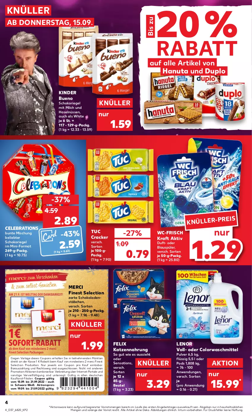 Aktueller Prospekt Kaufland - von 15.09 bis 21.09.2022 - strona 4 - produkty: aktionspreis, angebot, beutel, Brei, colorwaschmittel, coupon, coupons, cracker, duplo, eis, felix, hanuta, katzennahrung, Kinder, kinder bueno, kraft, lenor, merci, milch, Pods, reis, riegel, schoko, schokolade, schokoladen, schokoriegel, sensations, Ti, tuc, waschmittel, ZTE