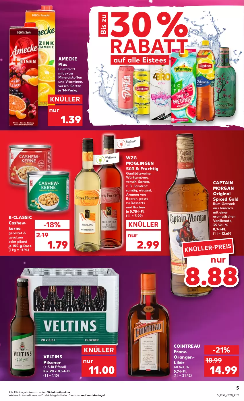 Aktueller Prospekt Kaufland - von 15.09 bis 21.09.2022 - strona 5 - produkty: amecke, angebot, angebote, beere, beeren, Cap, captain morgan, Cashew, cashewkerne, dessert, desserts, eis, eistee, frucht, fruchtsaft, getränk, gin, kuchen, likör, orange, orangen, original spiced gold, pils, pilsener, qualitätswein, qualitätsweine, roséwein, rum, saft, salz, tee, Ti, tisch, vanille, veltins, veltins pilsener, vita, Vitamine, wein, weine, Weißwein