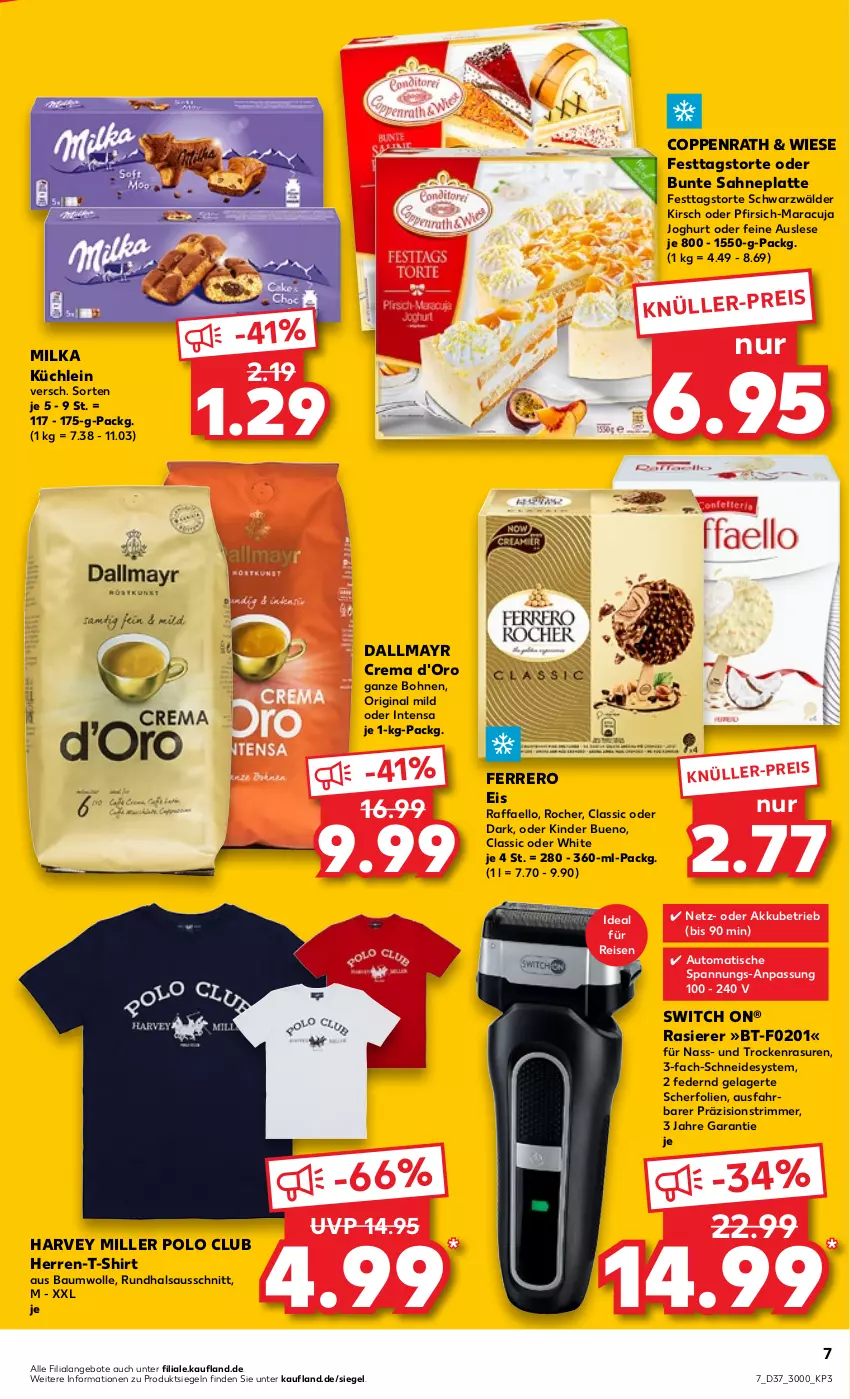 Aktueller Prospekt Kaufland - von 15.09 bis 21.09.2022 - strona 7 - produkty: akku, angebot, angebote, auto, Bau, baumwolle, bohne, bohnen, coppenrath, d'oro, dallmayr, eis, ferrero, gin, herren-t-shirt, joghur, joghurt, Kinder, kinder bueno, kirsch, latte, maracuja, milka, pfirsich, raffaello, rasierer, reis, sahne, shirt, T-Shirt, Ti, tisch, torte, wolle