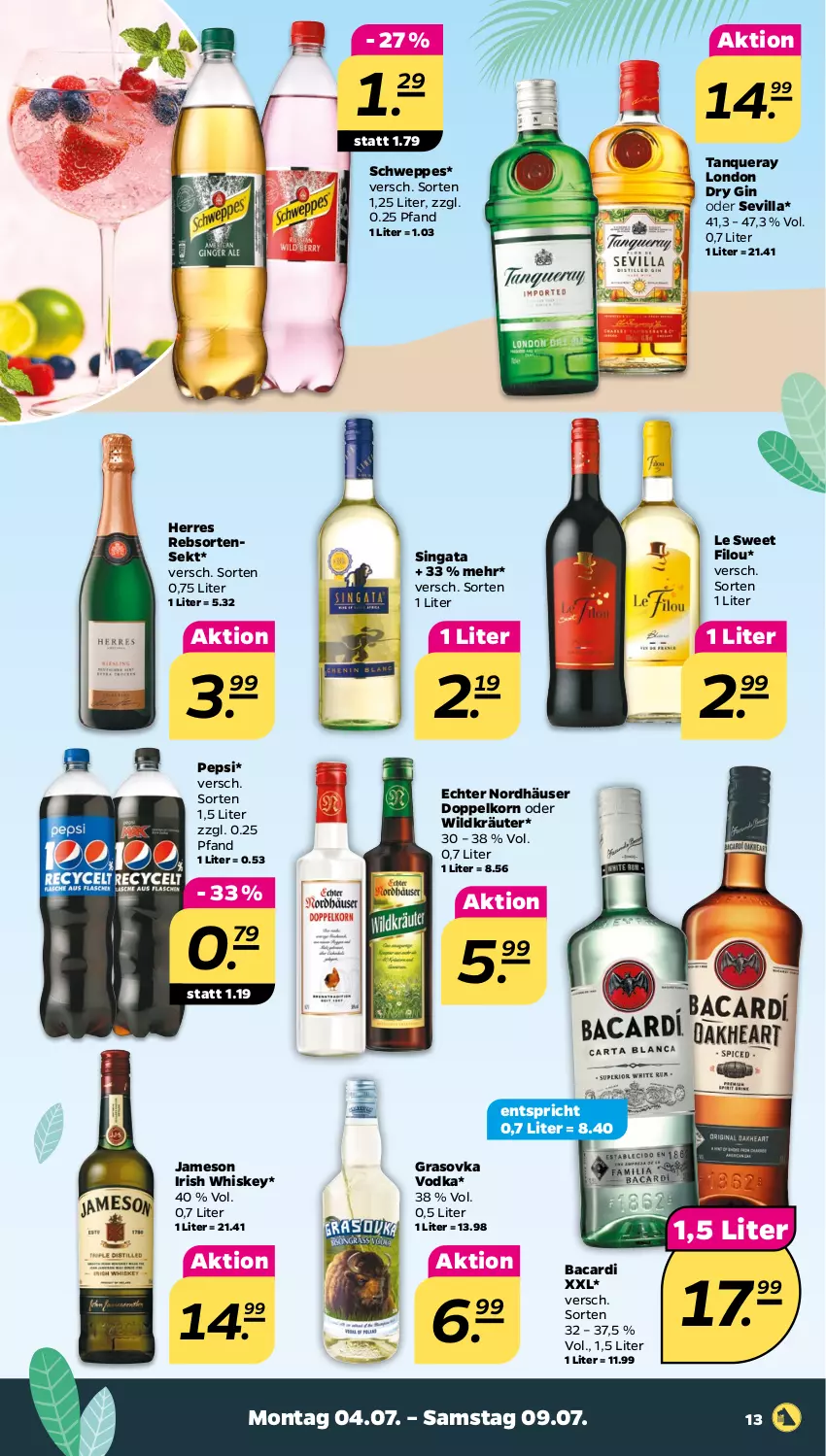 Aktueller Prospekt Netto - Angebote ab Montag - von 04.07 bis 09.07.2022 - strona 13 - produkty: bacardi, doppelkorn, dry gin, gin, irish whiskey, jameson, korn, kräuter, london dry, london dry gin, pepsi, schweppes, sekt, Tanqueray, Ti, vodka, whiskey, Wild