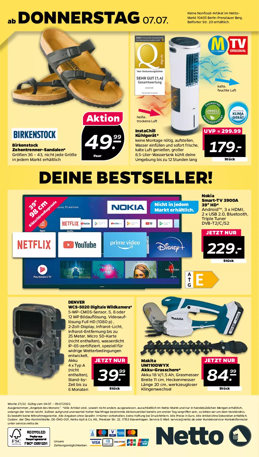 Aktueller Prospekt Netto - Angebote ab Montag - von 04.07 bis 09.07.2022 - strona 32 - produkty: akku, alle artikel ohne dekoration, angebot, auer, birkenstock, Brei, cmos-sensor, dekoration, deo, dvb, DVB-T, eis, elle, Grasschere, HDMI, kamera, kühlgerät, LG, Makita, messer, nokia, reis, sandale, sandalen, Schere, Spezi, Ti, tuner, usb, wasser, wassertank, werkzeug, WICK, Wild, Wildkamera, zehentrenner