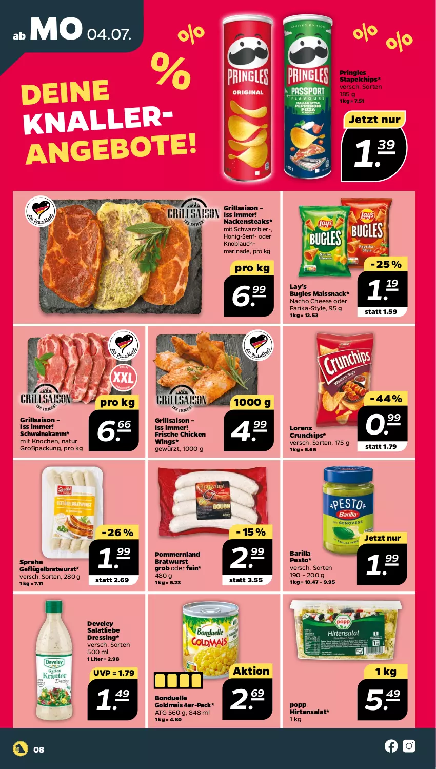 Aktueller Prospekt Netto - Angebote ab Montag - von 04.07 bis 09.07.2022 - strona 8 - produkty: angebot, angebote, barilla, bier, bonduelle, bonduelle goldmais, bratwurst, bugles, chicken wings, chips, crunchips, develey, dressing, elle, Geflügel, gewürz, Goldmais, grill, honig, Honig-Senf, knoblauch, lorenz, lorenz crunchips, mais, marinade, nacho, nacho cheese, Nackensteak, nackensteaks, natur, pesto, Popp, pringles, ring, salat, schwein, schweine, senf, snack, steak, steaks, Ti, wein, weine, wurst