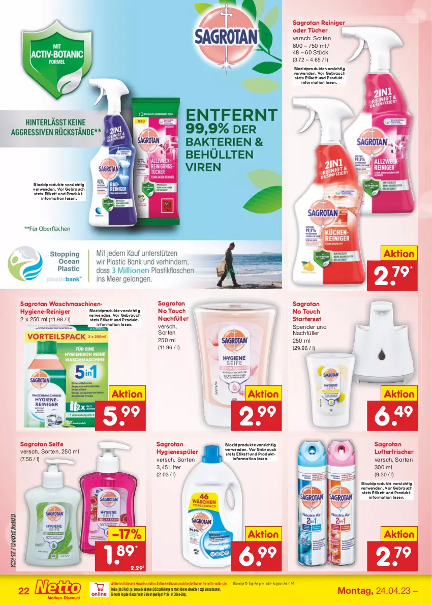 Aktueller Prospekt Netto Marken-Discount - Filial-Angebote - von 24.04 bis 29.04.2023 - strona 22 - produkty: bestpreis, bio, biozidprodukte, eis, hygiene-reiniger, hygienespüler, lufterfrischer, ndk, Rauch, reiniger, reis, rwe, sagrotan, Seife, Ti, tücher, waschmaschine, waschmaschinen