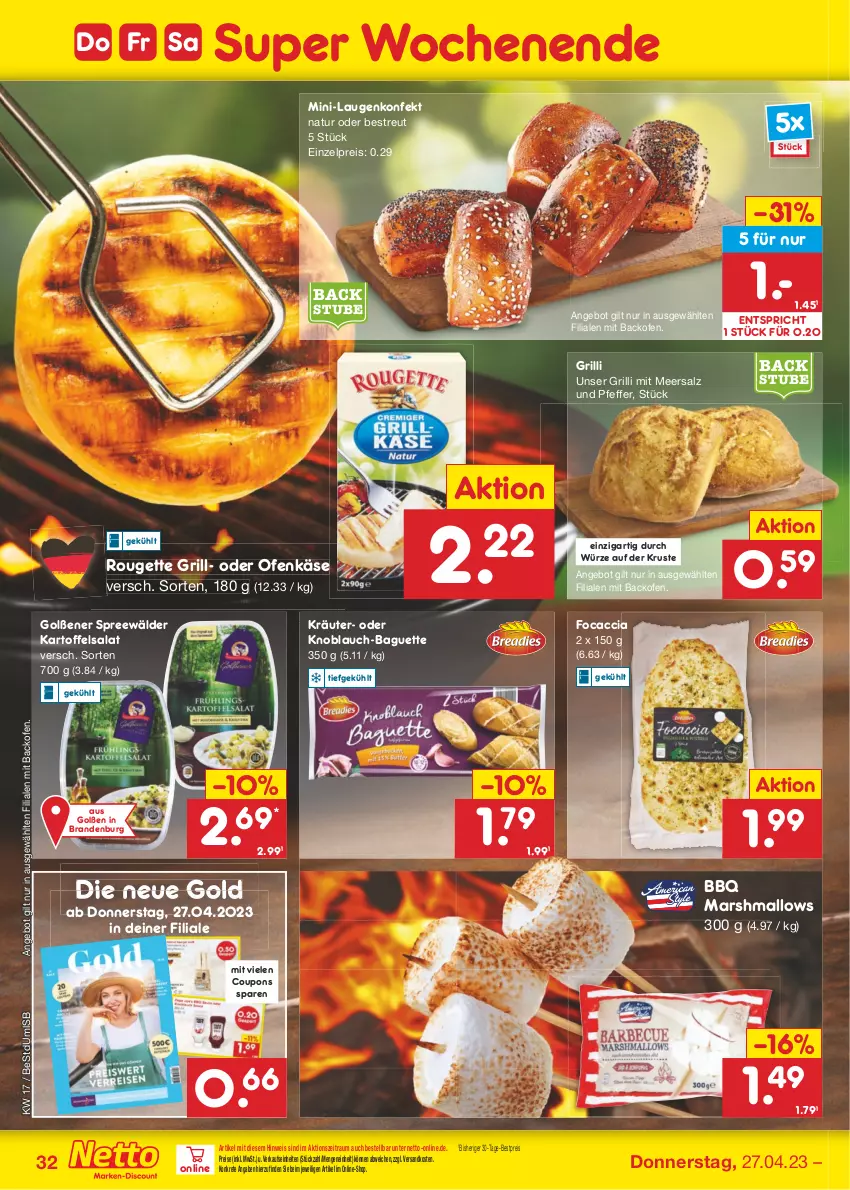 Aktueller Prospekt Netto Marken-Discount - Filial-Angebote - von 24.04 bis 29.04.2023 - strona 32 - produkty: ACC, angebot, backofen, baguette, bestpreis, coupon, coupons, eis, Focaccia, grill, kartoffel, kartoffelsalat, Käse, knoblauch, kräuter, magazin, mars, meersalz, natur, ndk, Ofen, Ofenkäse, pfeffer, reis, rouge, rougette, salat, salz, spreewälder, stube, Ti