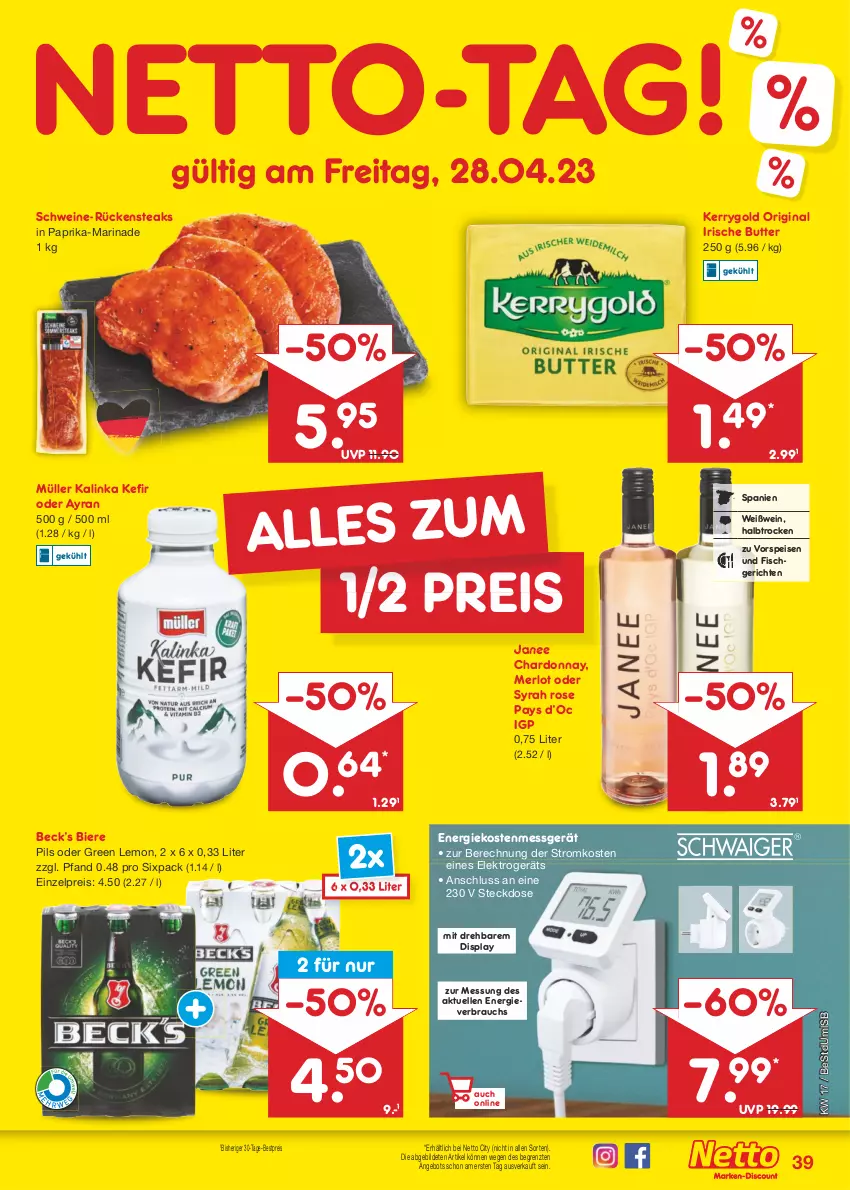 Aktueller Prospekt Netto Marken-Discount - Filial-Angebote - von 24.04 bis 29.04.2023 - strona 39 - produkty: angebot, Ayran, bestpreis, bier, Biere, butter, chardonnay, eis, Elektro, elle, fisch, gin, irische butter, Kefir, kerrygold, marinade, merl, merlot, Müller, paprika, pils, Rauch, reis, Rückensteak, rückensteaks, schwein, schweine, steak, steaks, steckdose, Ti, vorspeise, wein, weine, Weißwein, ZTE