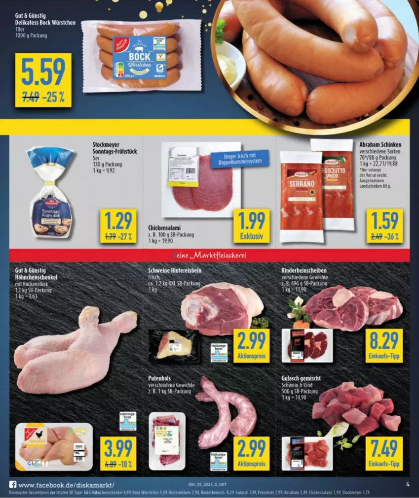 Aktueller Prospekt Diska - Prospekte - von 15.01 bis 20.01.2024 - strona 4 - produkty: aktionspreis, eier, eis, gulasch, hähnchenschenkel, henkel, landschinken, pute, reis, rind, salami, schenkel, schinken, schwein, stockmeyer, Ti, wein, würstchen