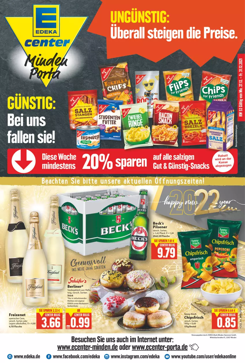 Aktueller Prospekt E Center - Angebote der Woche - von 27.12.2021 bis 01.01.2022 - strona 1 - produkty: alkohol, backwaren, beispielabbildung, berliner, beutel, Cava, chips, deka, eis, ente, flasche, freixenet, Hefe, pils, pilsener, salz, Yo