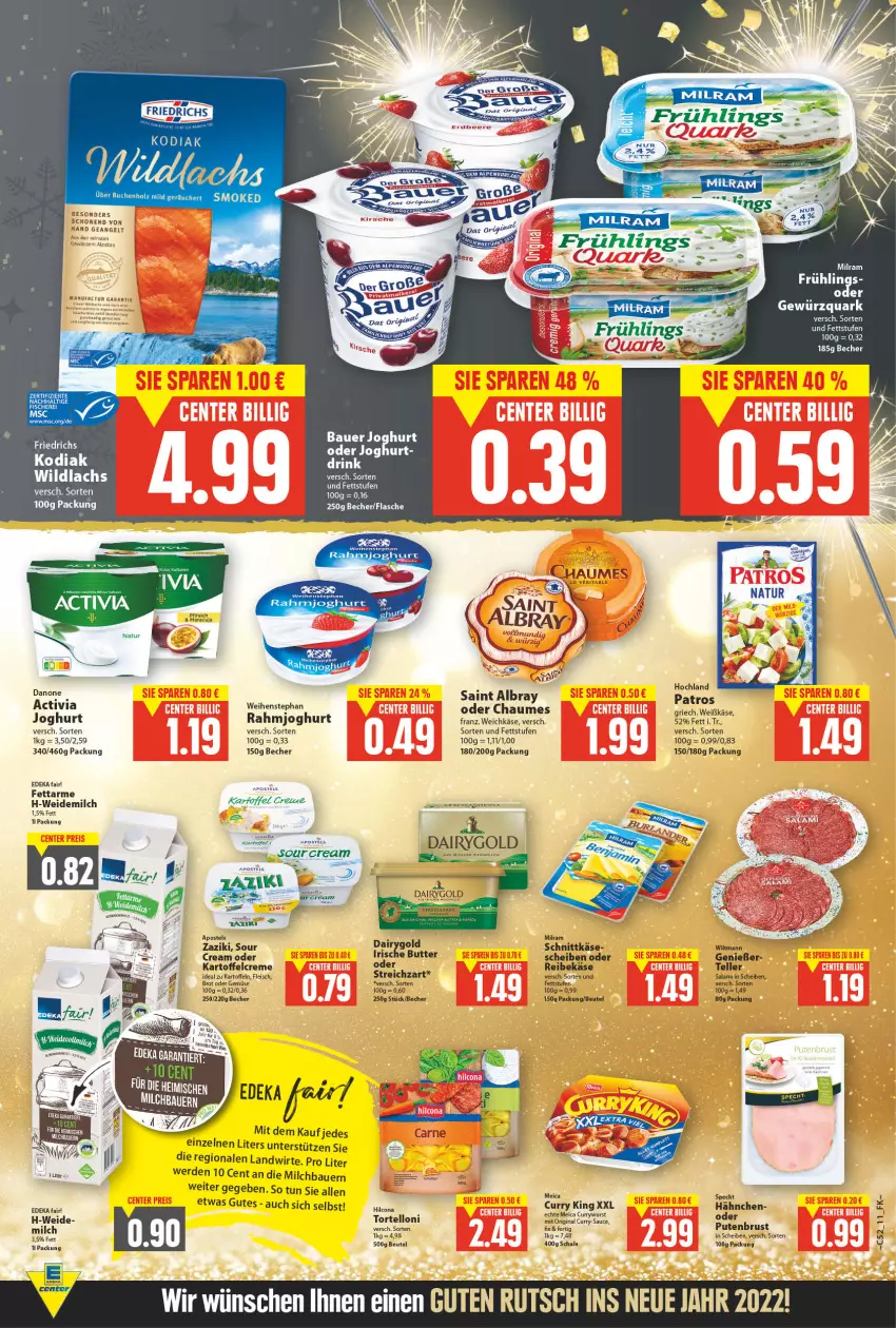 Aktueller Prospekt E Center - Angebote der Woche - von 27.12.2021 bis 01.01.2022 - strona 11 - produkty: activia, apostels, auer, Bau, Bauer, Becher, beutel, brot, buch, butter, creme, Dairygold, deka, eis, elle, erde, flasche, fleisch, gewürz, gewürzquark, hilcona, hochland, joghur, joghurt, kartoffel, kartoffeln, Käse, lachs, maracuja, meica, milch, milram, patros, pfirsich, pute, putenbrust, quark, Reibekäse, salami, schnittkäse, teller, Ti, torte, tortelloni, weichkäse, weidemilch, weihenstephan, wiltmann, zaziki