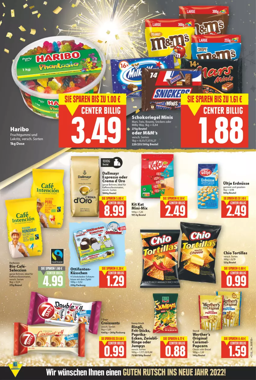 Aktueller Prospekt E Center - Angebote der Woche - von 27.12.2021 bis 01.01.2022 - strona 15 - produkty: auto, beutel, bio, bohne, bohnen, bounty, brezel, caramel, Croissant, croissants, dallmayr, darbo, darboven, erdnüsse, espresso, espresso oder, frucht, fruchtgummi, funny-frisch, gin, haribo, kaffee, kaffeevollautomat, kaffeevollautomaten, Kit Kat, Lakritz, mars, milky way, Nimm 2, paprika, popcorn, riegel, ring, salz, schoko, schokolade, schokoladen, schokoriegel, snickers, tee, Ti, tomate, tomaten, tortilla, tortillas, twix, ültje, ültje erdnüsse, vollautomaten