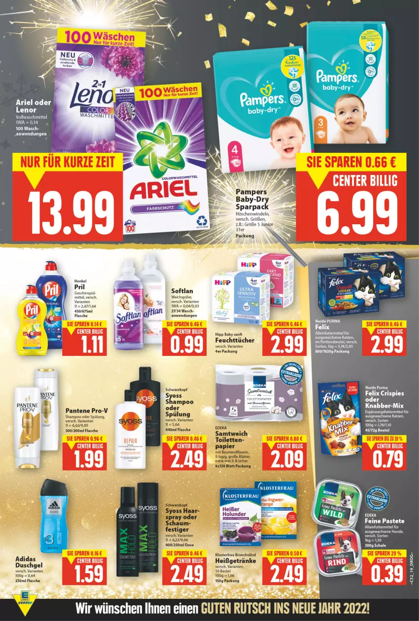 Aktueller Prospekt E Center - Angebote der Woche - von 27.12.2021 bis 01.01.2022 - strona 18 - produkty: Adidas, alleinfuttermittel, Bau, beutel, deka, duschgel, felix, feuchttücher, flasche, geschirr, getränk, getränke, henkel, hipp, holunder, lenor, LG, pampers, pantene, pantene pro-v, papier, portionsbeutel, pril, pro-v, purina, Ria, Schal, Schale, schwarzkop, schwarzkopf, shampoo, shampoo oder spülung, Softlan, spülung, syoss, Ti, tücher, vollwaschmittel, waschmittel, weichspüler, windeln, Yo