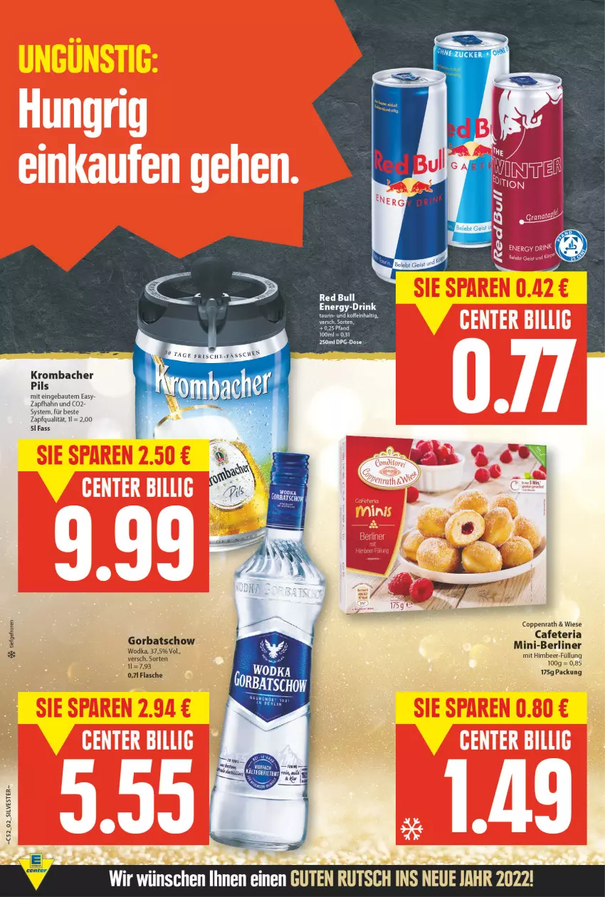 Aktueller Prospekt E Center - Angebote der Woche - von 27.12.2021 bis 01.01.2022 - strona 2 - produkty: Bau, berliner, coppenrath, flasche, Gorbatschow, himbeer, krombache, krombacher, krombacher pils, pils, red bull, Ria, Ti, wodka