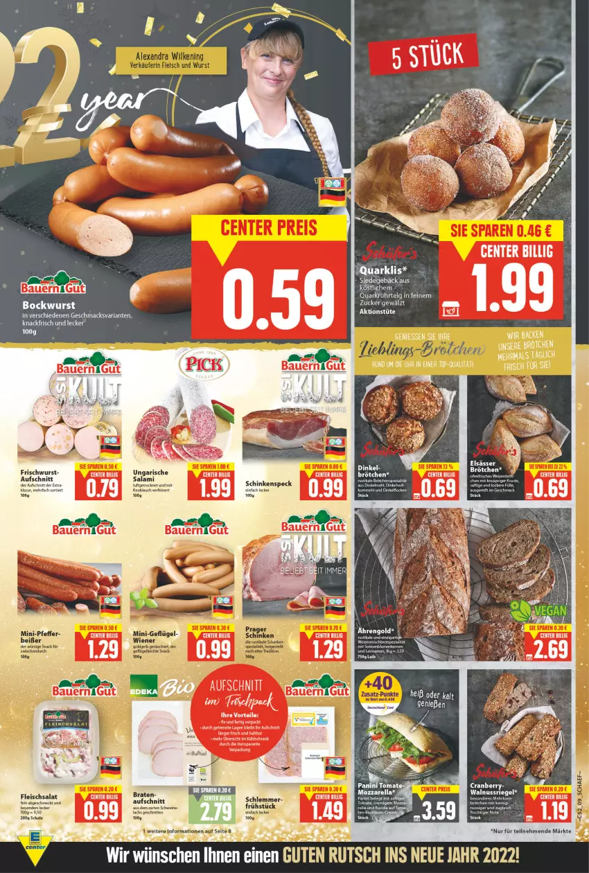 Aktueller Prospekt E Center - Angebote der Woche - von 27.12.2021 bis 01.01.2022 - strona 9 - produkty: aufschnitt, blume, blumen, bockwurst, braten, brot, brötchen, cola, eier, eis, ente, fleisch, fleischsalat, frucht, knoblauch, lachs, lamm, mac, mehl, nuss, nussriegel, quark, rel, Ria, riegel, rucola, saft, salami, salat, Schal, Schale, schnitten, schwein, schweine, sonnenblume, sonnenblumen, Sonnenblumenkerne, sonnenblumenkernen, Spezi, tee, Ti, tomate, Toner, Tüte, walnuss, wein, weine, weizenmischbrot, wurst, zucker