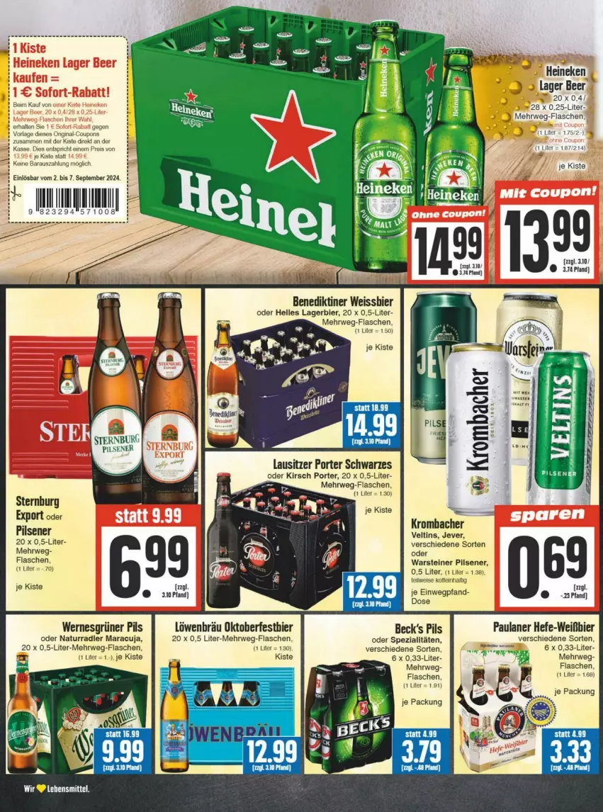 Aktueller Prospekt Edeka - Prospekte - von 31.08 bis 07.09.2024 - strona 12 - produkty: Benediktiner, bier, eis, elle, flasche, Hefe, heineken, jever, kirsch, krombache, krombacher, Lagerbier, maracuja, natur, Paula, paulaner, pils, pilsener, rwe, Spezi, steiner, Sternburg, Ti, veltins, warsteiner, weissbier