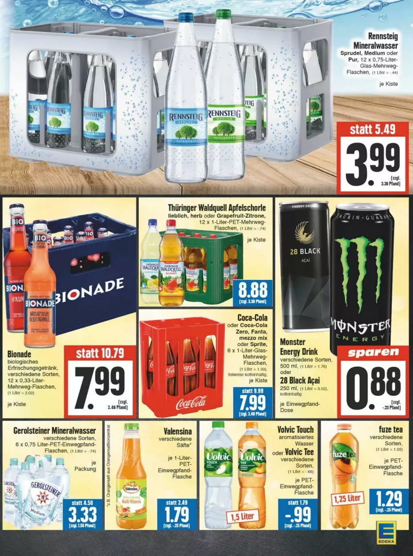 Aktueller Prospekt Edeka - Prospekte - von 31.08 bis 07.09.2024 - strona 13 - produkty: Alwa, apfel, Apfelschorle, bio, bionade, Blutorange, coca-cola, cola, deka, drink, eis, energy drink, erfrischungsgetränk, fanta, flasche, fuze tea, gerolsteine, gerolsteiner, getränk, grapefruit, lack, Mezzo Mix, mineralwasser, monster, Monster Energy, natur, oder sprite, orange, ring, rwe, säfte, schorle, sprite, Sprudel, steiner, tee, Ti, valensina, volvic, wasser, zitrone