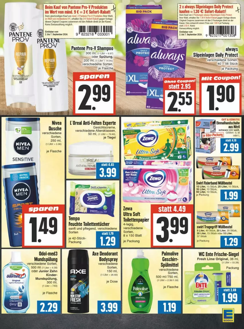 Aktueller Prospekt Edeka - Prospekte - von 31.08 bis 07.09.2024 - strona 15 - produkty: Alwa, Always, anti-falten experte, axe, beutel, body, bodyspray, coupon, coupons, creme, deo, deodorant, dusche, ente, flasche, geschirr, Gesichtscreme, gin, Kinder, l'oreal, müllbeutel, mundspülung, nivea, Odol, olive, palmolive, pantene, papier, rel, slip, slipeinlagen, spülmittel, spülung, swirl, Ti, toilettenpapier, tragegriff, tuc, Tucher