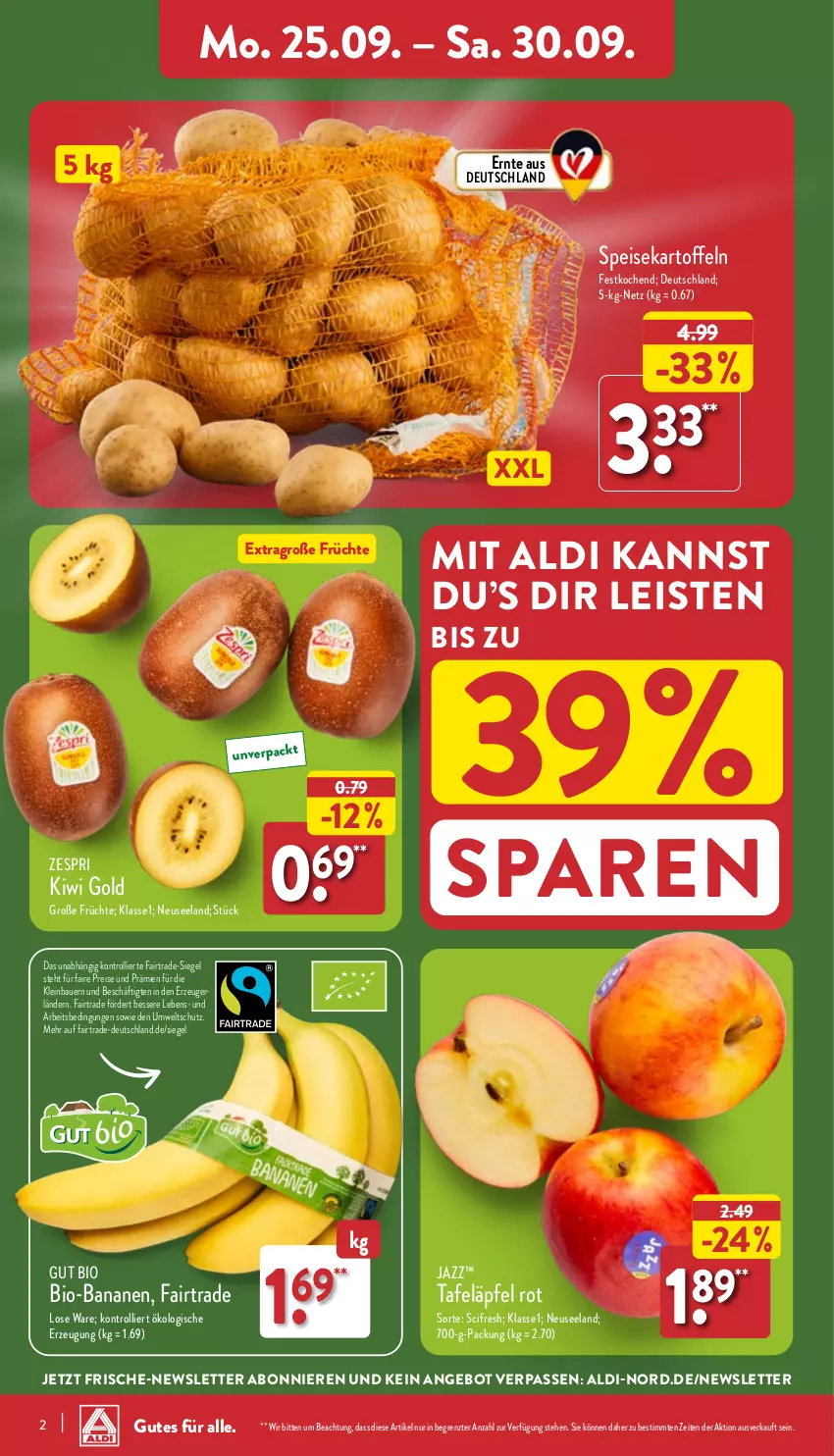 Aktueller Prospekt Aldi Nord - Von Montag - von 25.09 bis 30.09.2023 - strona 2 - produkty: aldi, angebot, auer, banane, bananen, Bau, Bauer, bio, bio-bananen, Cif, eis, Elan, früchte, kartoffel, kartoffeln, kiwi, Kiwi Gold, reis, speisekartoffeln, tafeläpfel, Ti, trolli, zespri, ZTE