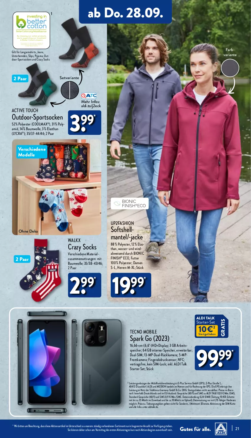 Aktueller Prospekt Aldi Nord - Von Montag - von 25.09 bis 30.09.2023 - strona 21 - produkty: active touch, aldi, aldi talk, Bau, baumwolle, bio, dell, dual-sim, eis, elle, fingerabdrucksensor, Finish, frontkamera, Germ, gin, hardware, hemd, hemden, Jacke, jeans, kamera, Langarmshirt, Mantel, medion, Mode, Pyjama, reis, Ria, ring, rwe, shirt, shirts, sim, slip, slips, socken, Sport, sportsocken, Ti, Unterhemd, unterhemden, up2fashion, walkx, wasser, wolle, ZTE