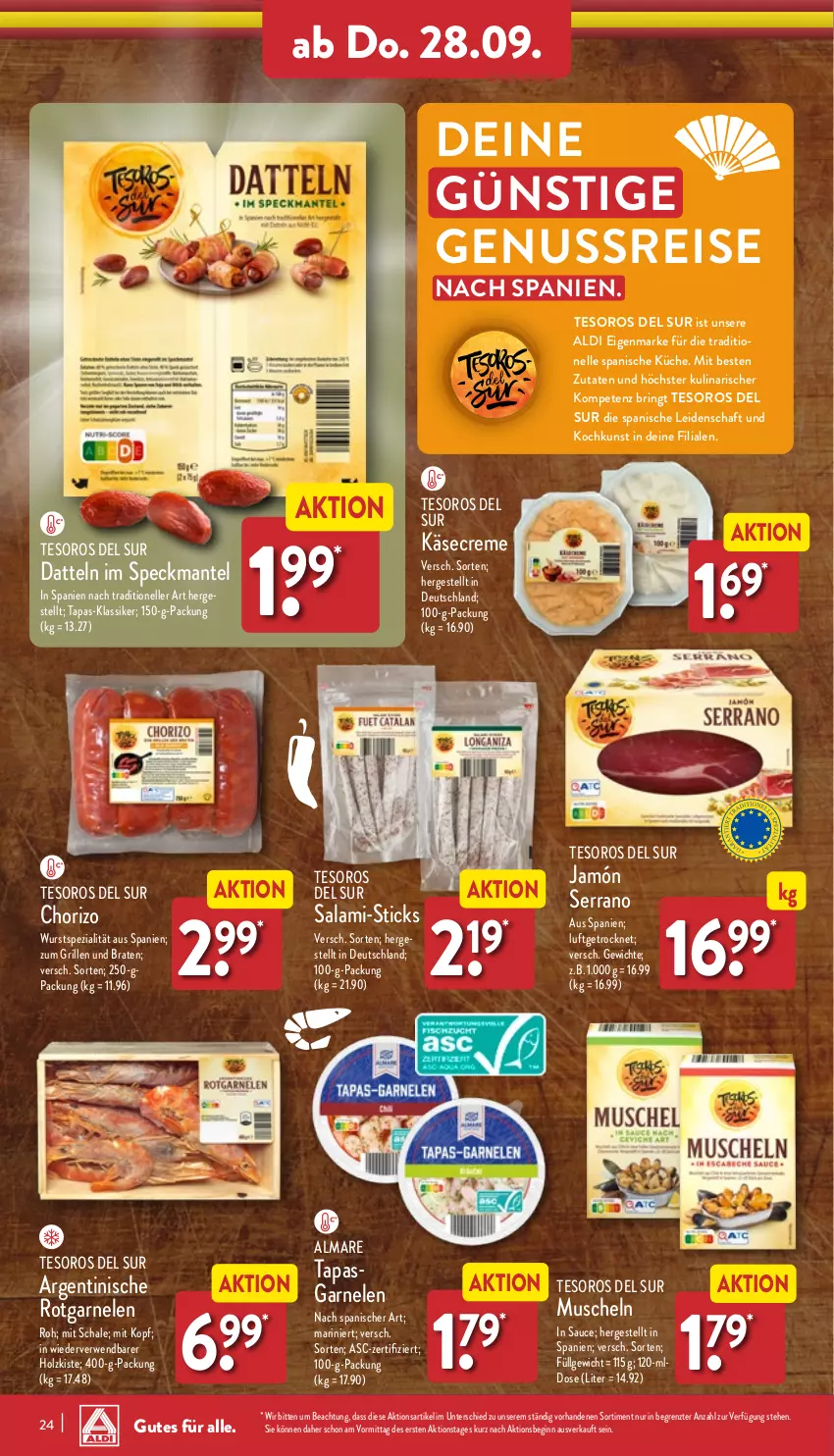 Aktueller Prospekt Aldi Nord - Von Montag - von 25.09 bis 30.09.2023 - strona 24 - produkty: almare, braten, chorizo, creme, Datteln, eis, elle, garnelen, gin, grill, Holz, jamón serrano, Käse, küche, LG, Mantel, Muscheln, nuss, reis, ring, rwe, salami, sauce, Schal, Schale, serrano, Speck, Spezi, Tapas, Ti, wurst, ZTE