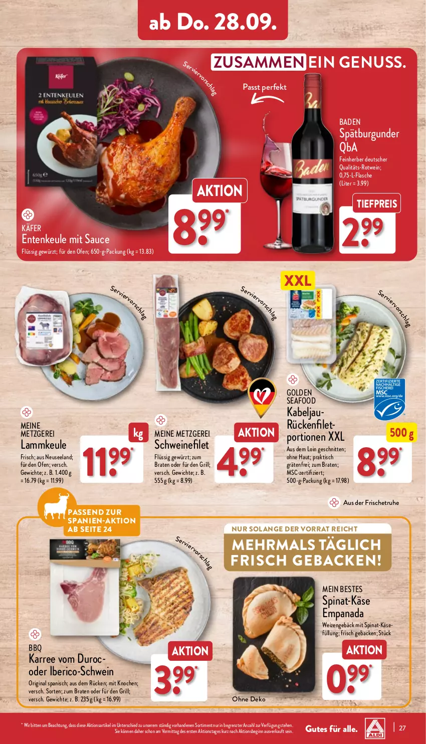 Aktueller Prospekt Aldi Nord - Von Montag - von 25.09 bis 30.09.2023 - strona 27 - produkty: Bad, braten, burgunder, eis, Elan, ente, Entenkeule, filet, flasche, geback, gewürz, gin, grill, käfer, Käse, lamm, lammkeule, nuss, Ofen, reis, rotwein, sauce, schnitten, schwein, schweine, schweinefilet, spinat, Ti, tiefpreis, tisch, wein, weine, ZTE