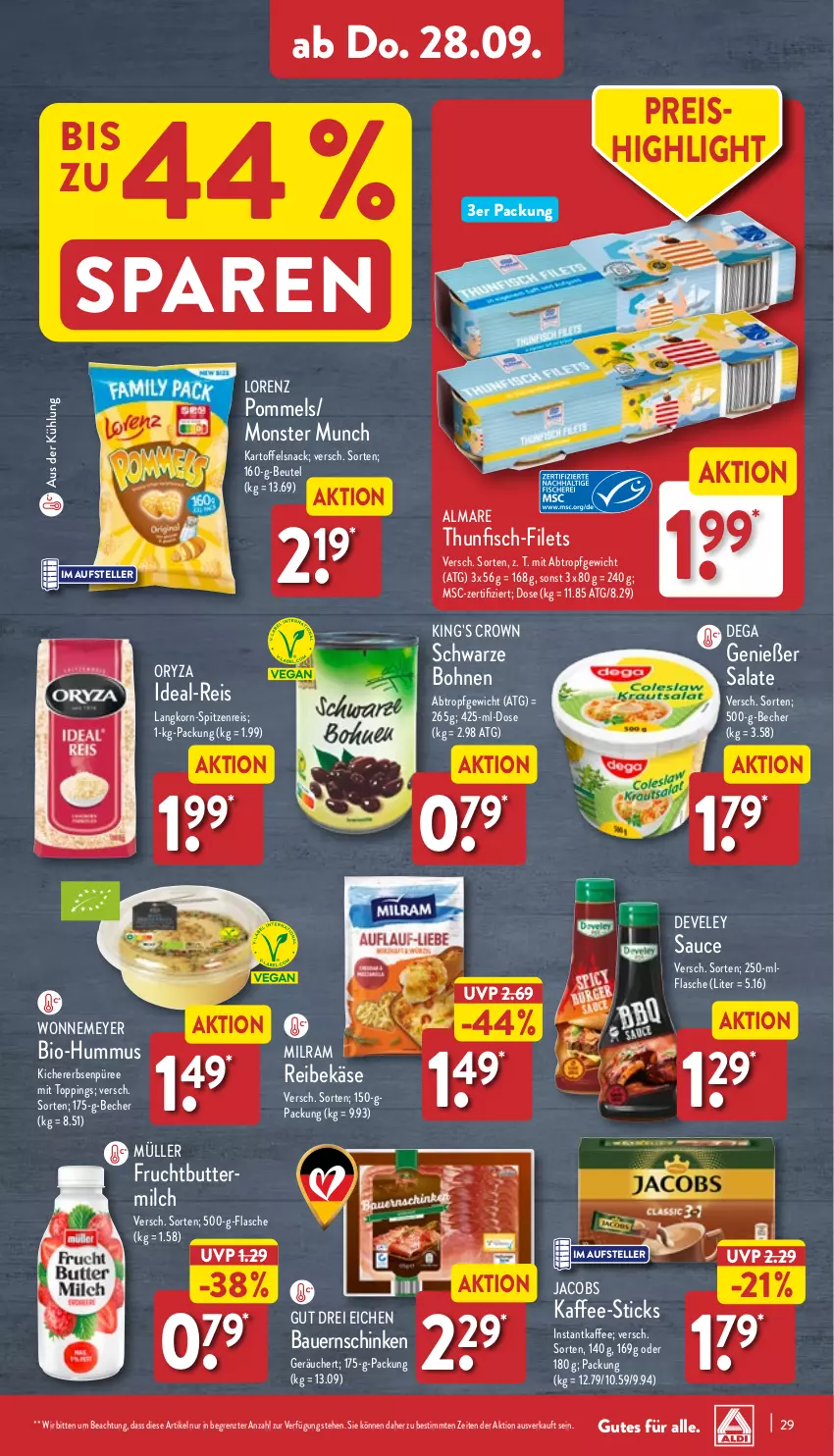 Aktueller Prospekt Aldi Nord - Von Montag - von 25.09 bis 30.09.2023 - strona 29 - produkty: almare, auer, Bau, Bauer, Becher, beutel, bio, bohne, bohnen, butter, buttermilch, develey, eis, elle, erbsen, filet, filets, fisch, flasche, frucht, hummus, instantkaffee, jacobs, kaffee, kartoffel, Käse, kichererbsen, korn, lorenz, milch, milram, monster, Müller, oryza, Pommels, püree, Reibekäse, reis, salat, salate, sauce, schinken, snack, teller, thunfisch, Ti, ZTE