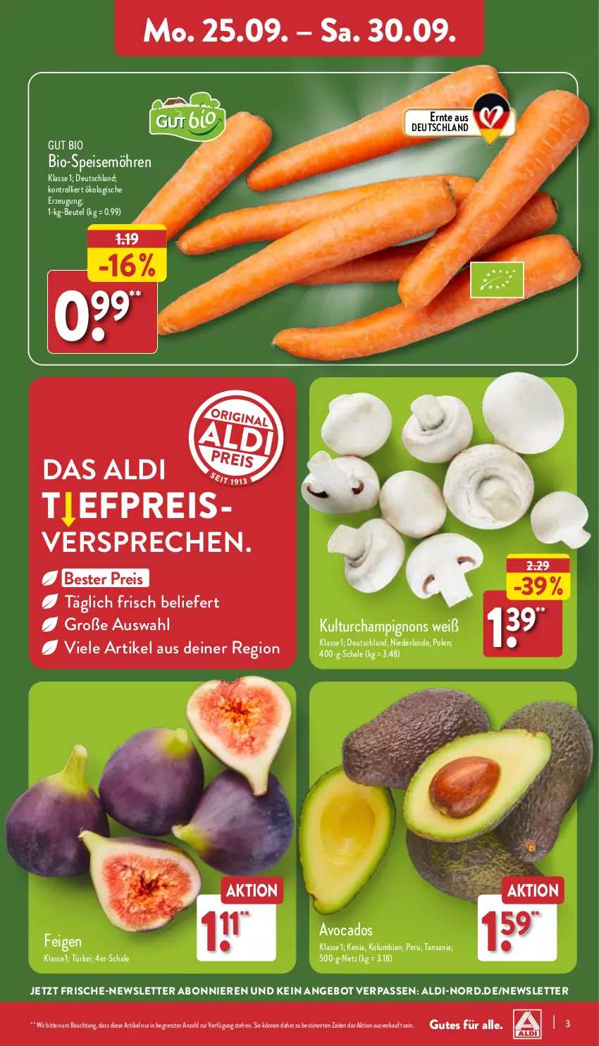 Aktueller Prospekt Aldi Nord - Von Montag - von 25.09 bis 30.09.2023 - strona 3 - produkty: aldi, angebot, avocado, avocados, beutel, bio, champignon, champignons, eis, Feigen, möhren, reis, Schal, Schale, speisemöhren, Ti, trolli, ZTE