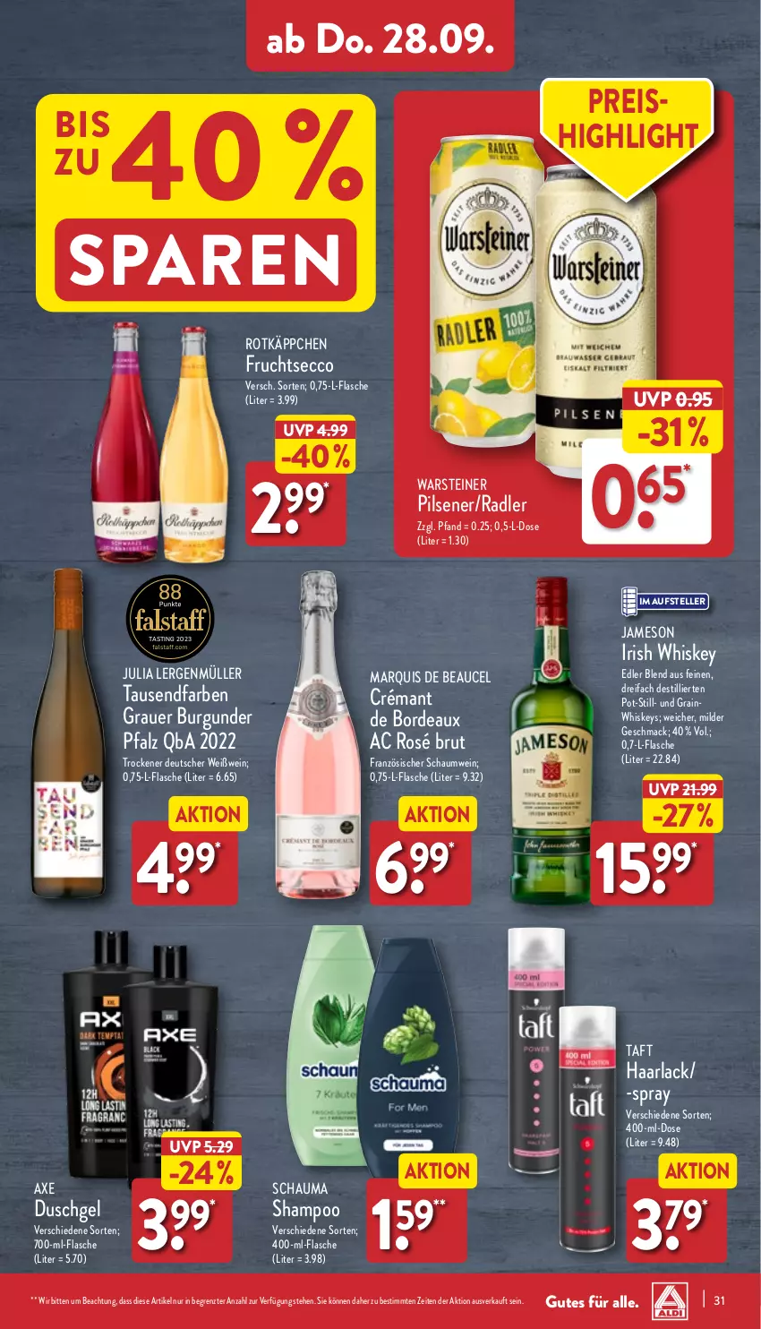 Aktueller Prospekt Aldi Nord - Von Montag - von 25.09 bis 30.09.2023 - strona 31 - produkty: arla, asti, auer, axe, axe duschgel, brut, burgunder, duschgel, ecco, eis, elle, flasche, frucht, grauer burgunder, Haarlack, irish whiskey, jameson, lack, mac, Müller, pils, pilsener, radler, reis, rotkäppchen, schauma, schauma shampoo, shampoo, steiner, Taft, teller, Ti, warsteiner, wein, Weißwein, whiskey, ZTE