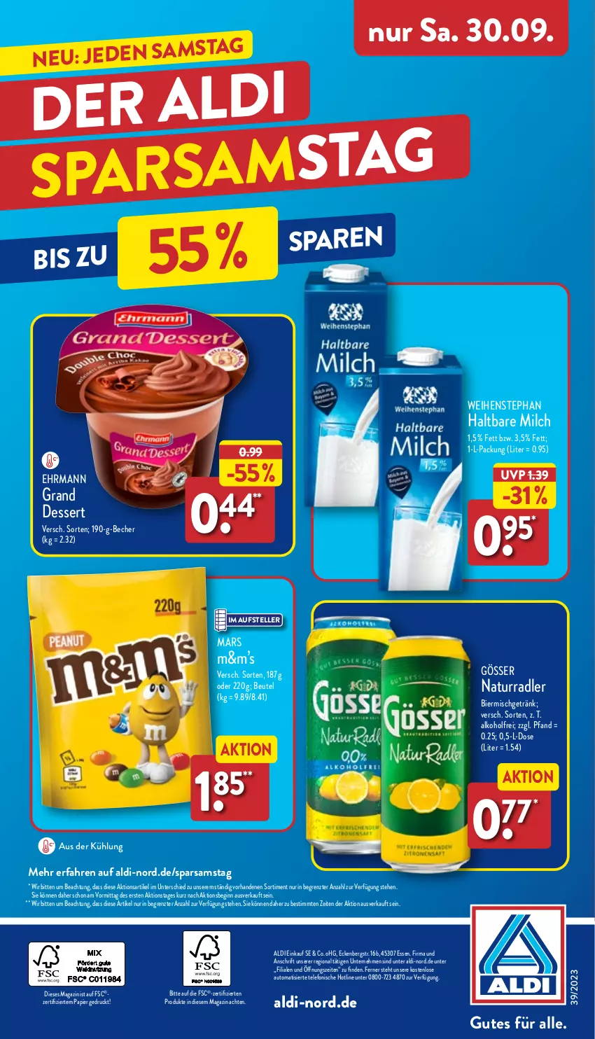 Aktueller Prospekt Aldi Nord - Von Montag - von 25.09 bis 30.09.2023 - strona 40 - produkty: aldi, alkohol, auto, Becher, beutel, bier, dessert, ehrmann, Ehrmann Grand Dessert, elle, getränk, gin, gösser, haltbare milch, magazin, mars, milch, natur, papier, radler, telefon, teller, Ti, weihenstephan, ZTE