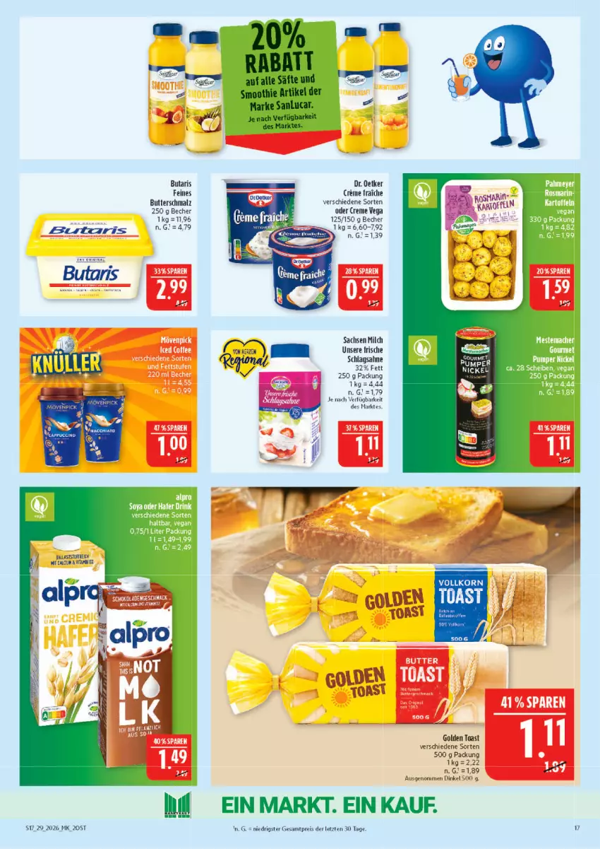 Aktueller Prospekt Marktkauf - Prospekt - von 12.07 bis 18.07.2026 - strona 17 - produkty: ball, Becher, butter, Butterschmalz, creme, Dr. Oetker, eis, golden toast, kartoffel, kartoffeln, korn, mac, malz, mestemacher, milch, reis, rosmarin, sac, sahne, schlagsahne, Schmalz, toast, ZTE