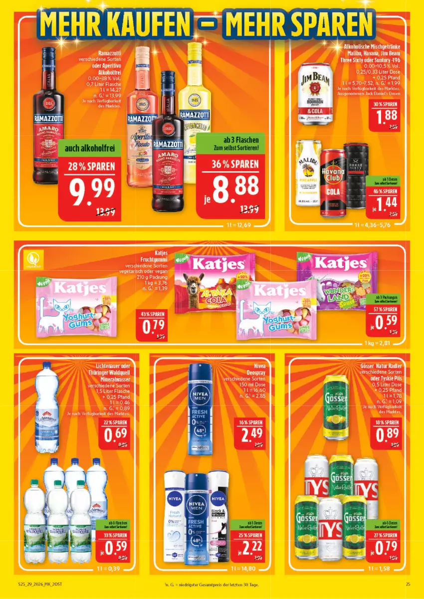 Aktueller Prospekt Marktkauf - Prospekt - von 12.07 bis 18.07.2026 - strona 25 - produkty: alkohol, Alwa, eis, frucht, fruchtgummi, getränk, getränke, jack daniel, jack daniel's, Malibu, mineralwasser, radler, reis, Three Sixty, Ti, Vegeta, wasser, ZTE
