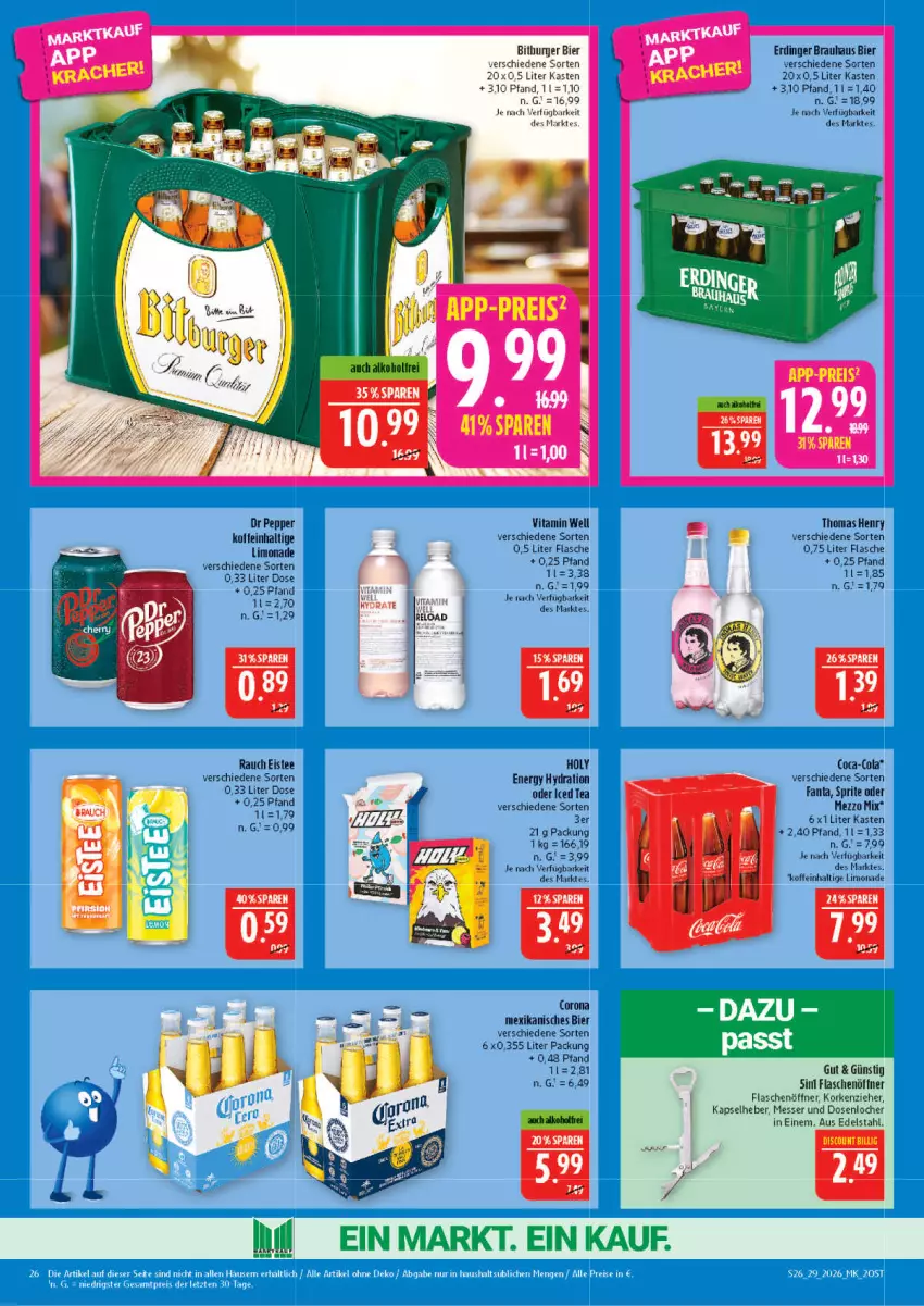 Aktueller Prospekt Marktkauf - Prospekt - von 12.07 bis 18.07.2026 - strona 26 - produkty: bier, coca-cola, cola, corona, edelstahl, eis, eistee, erde, erdinger, fanta, flasche, flaschenöffner, limo, limonade, messer, Mezzo Mix, Rauch, sac, sprite, tee, thomas henry, Ti, vita