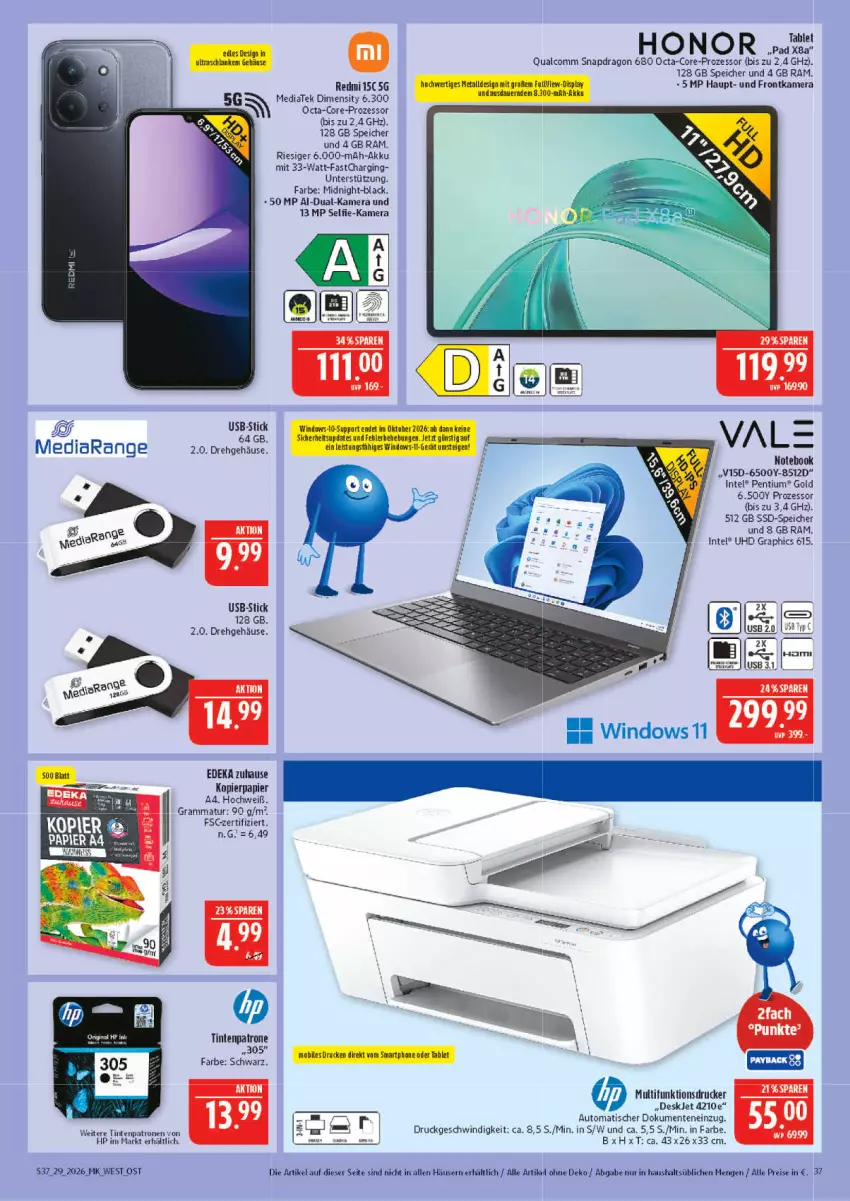 Aktueller Prospekt Marktkauf - Prospekt - von 12.07 bis 18.07.2026 - strona 37 - produkty: akku, auto, deka, drucker, eis, ente, frontkamera, gin, HD Graphics, Honor, HP, Intel, kamera, kopierpapier, lack, multifunktionsdrucker, notebook, papier, Pentium, reis, ssd, SSD-Speicher, Ti, Tintenpatrone, tisch, uhd, usb