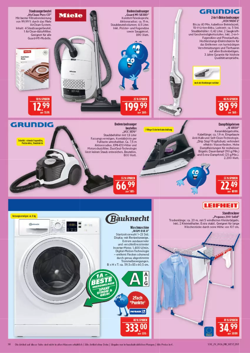 Aktueller Prospekt Marktkauf - Prospekt - von 12.07 bis 18.07.2026 - strona 38 - produkty: akku, asus, auer, Bau, bauknecht, Behälter, beutel, bodenstaubsauger, bügel, Bügeleisen, bürste, dampfbügeleisen, dell, eis, Elektro, elle, ente, grundig, kleid, kleider, kleiderbügel, kraft, leifheit, miele, Mode, Pinsel, reis, Schal, staubbeutel, staubsauger, staubsaugerbeutel, Teleskop, Ti, Trockner, trommel, waschmaschine, wasser