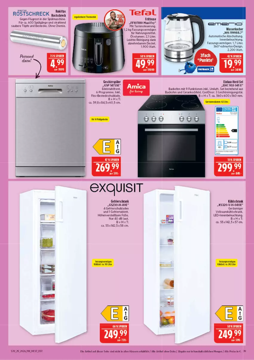 Aktueller Prospekt Marktkauf - Prospekt - von 12.07 bis 18.07.2026 - strona 39 - produkty: amica, Arnica, auto, backofen, backofen und, beleuchtung, besteck, bestecke, decke, Deckel, edelstahl, eis, fritteuse, gefrierschrank, geschirr, geschirrspüler, Kocher, kochfeld, kühlschrank, LG, Ofen, Reinigung, reis, Schal, Schrank, schubladen, tablet, tablett, tefal, Ti, tisch, wasser, wasserkocher, Yo