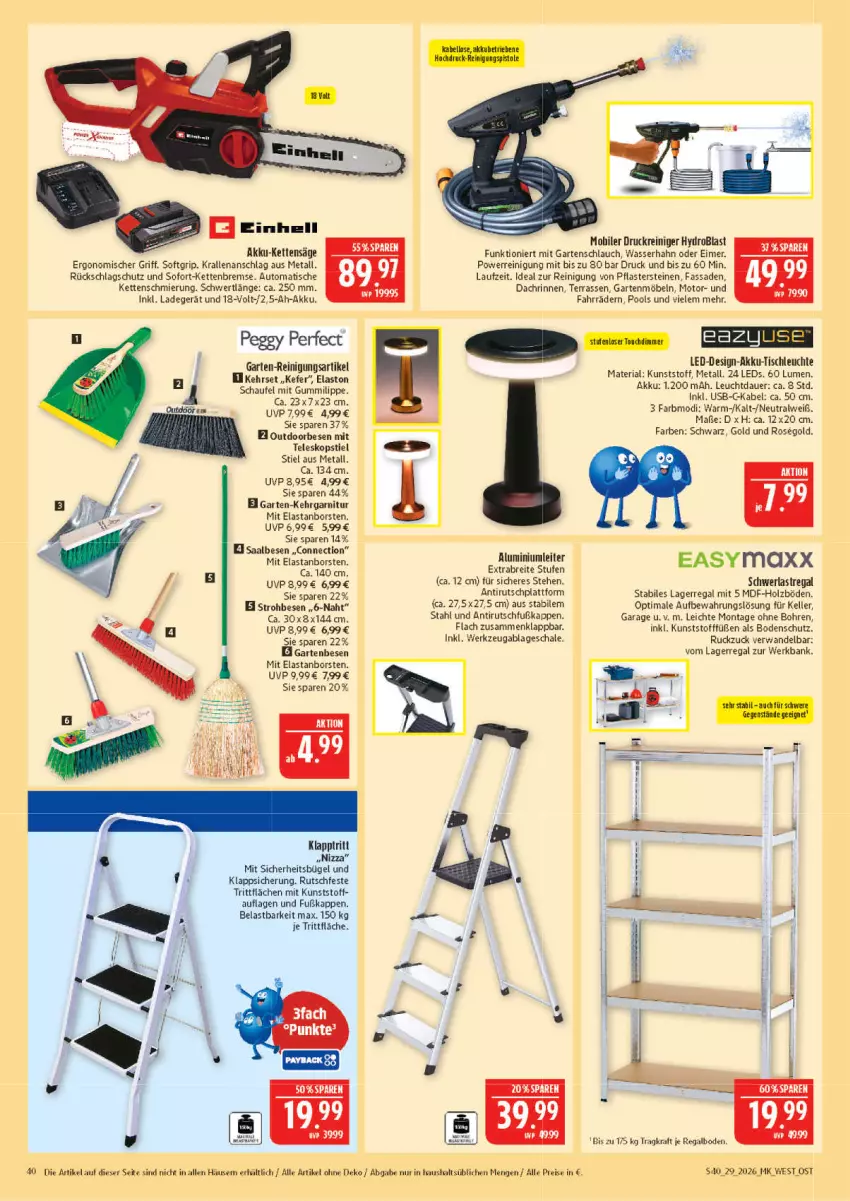 Aktueller Prospekt Marktkauf - Prospekt - von 12.07 bis 18.07.2026 - strona 40 - produkty: akku, auer, auto, Bank, Brei, bügel, easymaxx, eimer, eis, elle, Garten, gartenmöbel, gartenschlauch, Holz, HP, Kette, klapptritt, kraft, ladegerät, leds, Leuchte, möbel, pflaster, Pflastersteine, pool, regal, reiniger, Reinigung, reis, Ria, säge, Schal, Schale, schlauch, schwerlastregal, Teleskop, teleskopstiel, Ti, tisch, tischleuchte, usb, wasser, werkzeug