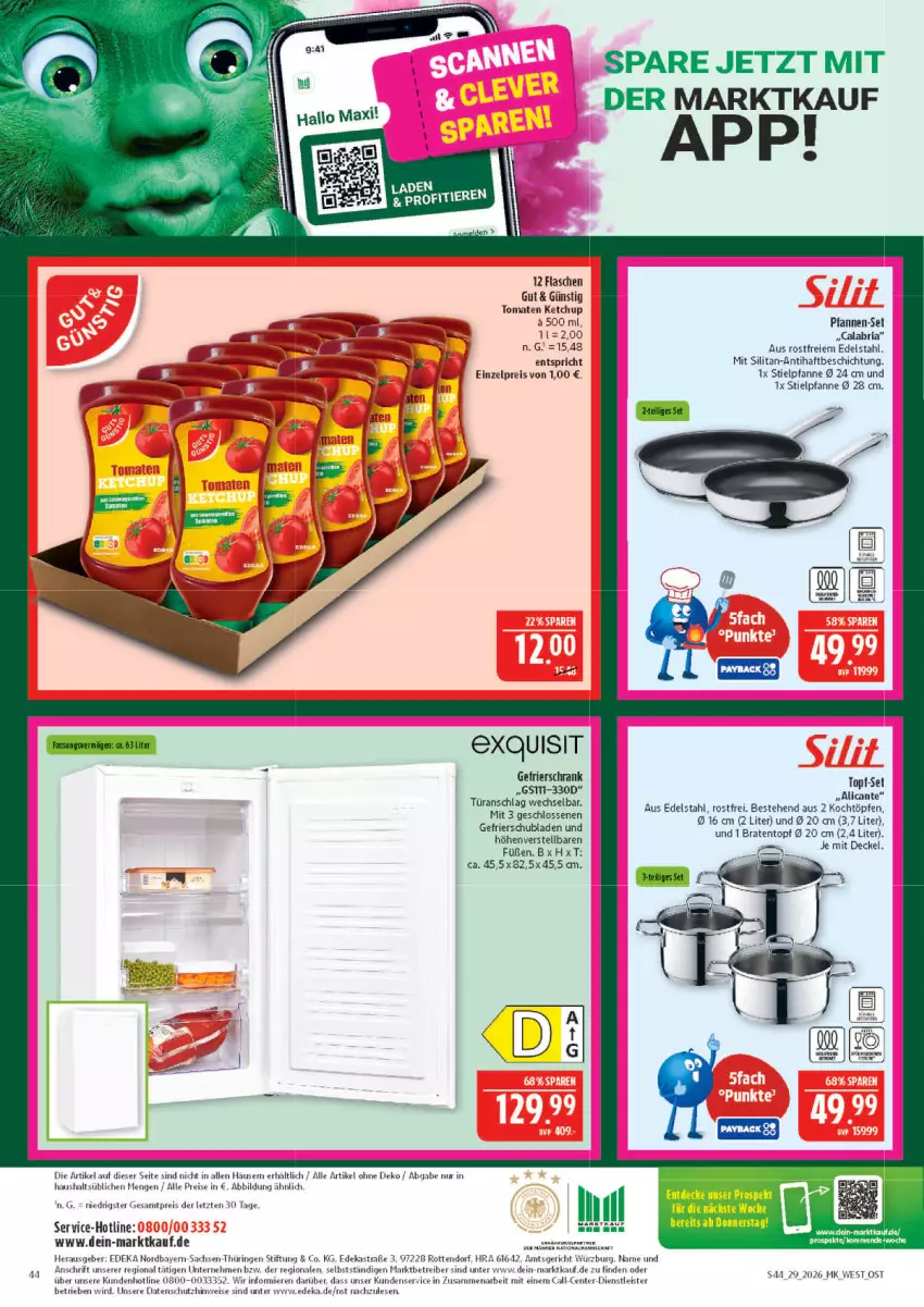 Aktueller Prospekt Marktkauf - Prospekt - von 12.07 bis 18.07.2026 - strona 44 - produkty: Astra, braten, Bratentopf, decke, Deckel, deka, edelstahl, eis, ente, gefrierschrank, ketchup, Paula, pfanne, pfannen, pfannen-set, reis, Ria, ring, sac, Schrank, schubladen, Stielpfanne, Ti, tomate, tomaten, tomaten ketchup, topf, topf-set, türanschlag wechselbar, ZTE