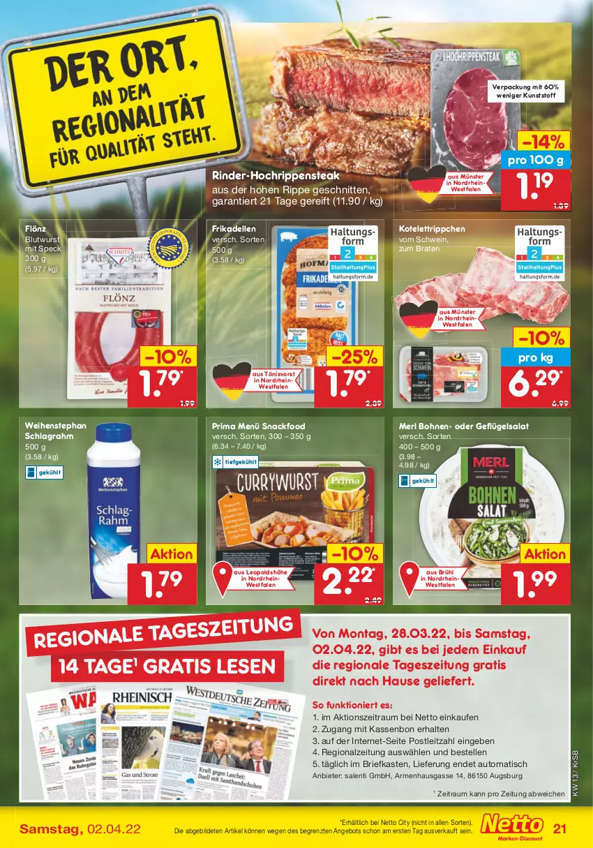 Aktueller Prospekt Netto Marken-Discount - Filial-Angebote - von 28.03 bis 02.04.2022 - strona 21 - produkty: angebot, auto, bohne, bohnen, braten, brie, dell, elle, frikadellen, Geflügel, geflügelsalat, kotelett, leitz, merl, rind, rinder, Rippen, salat, schlagrahm, schnitten, schwein, snack, Speck, steak, Ti, tisch, weihenstephan, wein, wurst, ZTE