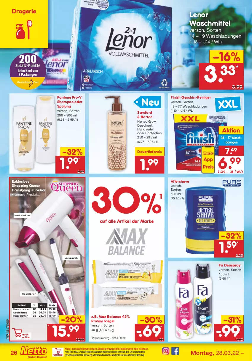 Aktueller Prospekt Netto Marken-Discount - Filial-Angebote - von 28.03 bis 02.04.2022 - strona 26 - produkty: auer, body, bodylotion, dauertiefpreis, deo, deospray, duschgel, eis, Finish, geschirr, haarglätter, haartrockner, Handseife, lenor, lenor waschmittel, Lockenstab, Lotion, ndk, pantene, pantene pro-v, pro-v, reiniger, reis, riegel, Seife, shampoo, shampoo oder spülung, spülung, Ti, tiefpreis, Trockner, versandkostenfrei, waschmittel