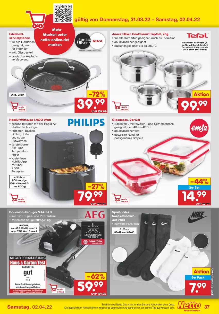 Aktueller Prospekt Netto Marken-Discount - Filial-Angebote - von 28.03 bis 02.04.2022 - strona 37 - produkty: angebot, backofen, bodenstaubsauger, braten, decke, Deckel, edelstahl, eis, elle, fritteuse, gefrierschrank, Glasdeckel, grill, Heißluftfritteuse, herdarten, kraft, LG, mikrowelle, Ofen, olive, pfanne, rezept, rezepte, Schrank, sneaker, sneakersocken, socken, Spezi, Sport, spülmaschinen, staubsauger, stielkasserolle, Ti, Tiere, topf, Topfset, ZTE