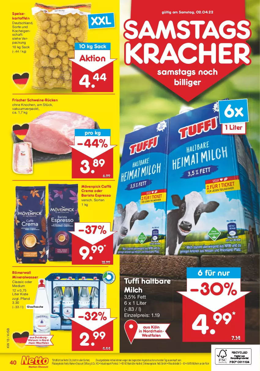 Aktueller Prospekt Netto Marken-Discount - Filial-Angebote - von 28.03 bis 02.04.2022 - strona 40 - produkty: Alwa, angebot, angebote, caffè crema, discount, eis, espresso, flasche, glasflasche, haltbare milch, Holz, kartoffel, kartoffeln, kracher, marken-discount, milch, mineralwasser, mövenpick, reis, sac, schwein, schweine, speisekartoffeln, Ti, uhr, wasser, wein, weine, ZTE