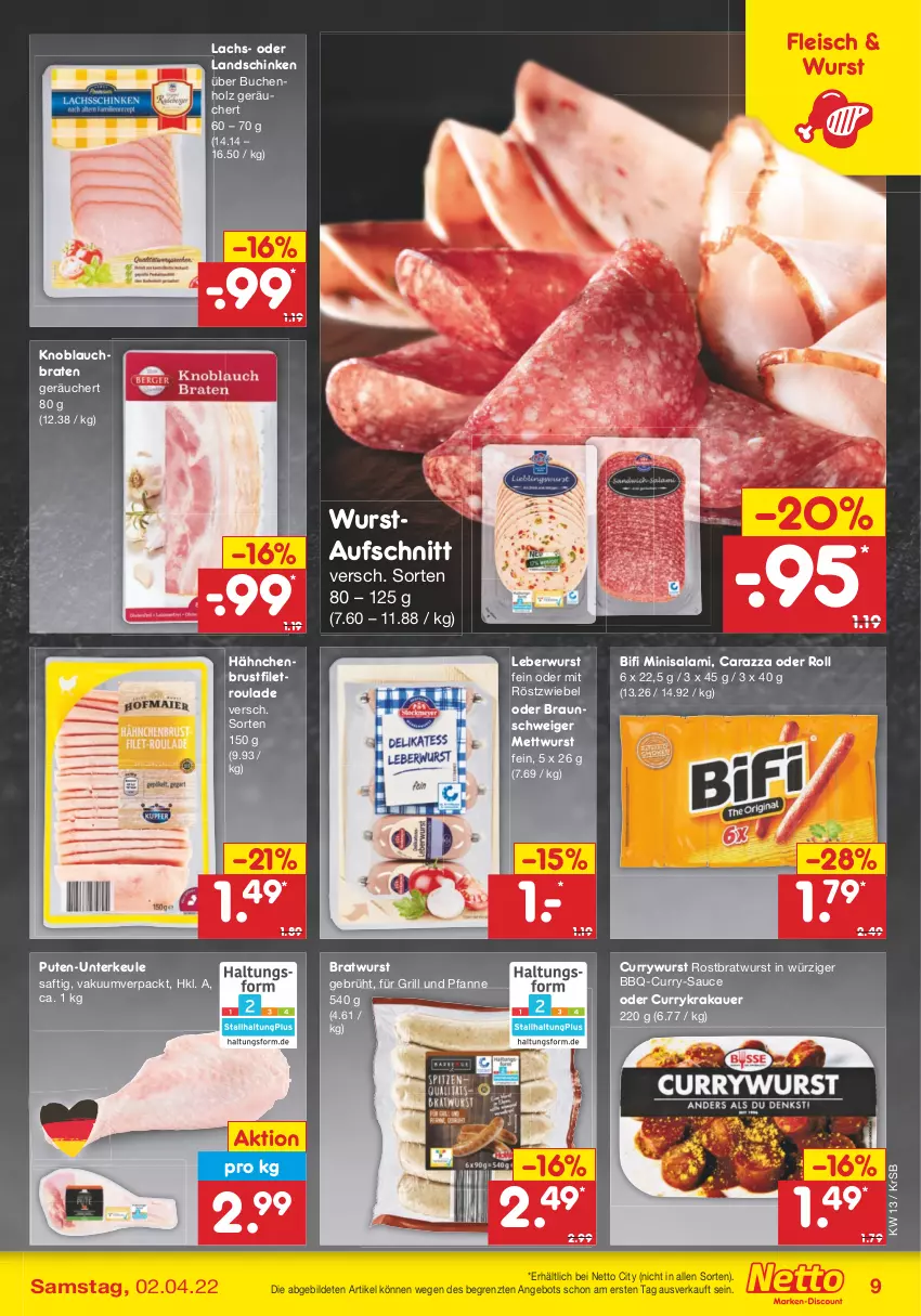 Aktueller Prospekt Netto Marken-Discount - Filial-Angebote - von 28.03 bis 02.04.2022 - strona 9 - produkty: angebot, auer, aufschnitt, bifi, braten, bratwurst, braun, brustfilet, buch, curry, currywurst, eis, filet, fleisch, für grill und pfanne, grill, grill und pfanne, hähnchenbrust, hähnchenbrustfilet, Holz, knoblauch, krakauer, lachs, landschinken, leberwurst, Mett, mettwurst, pfanne, pute, rostbratwurst, saft, salami, sauce, schinken, Ti, und pfanne, wurst, ZTE, zwiebel