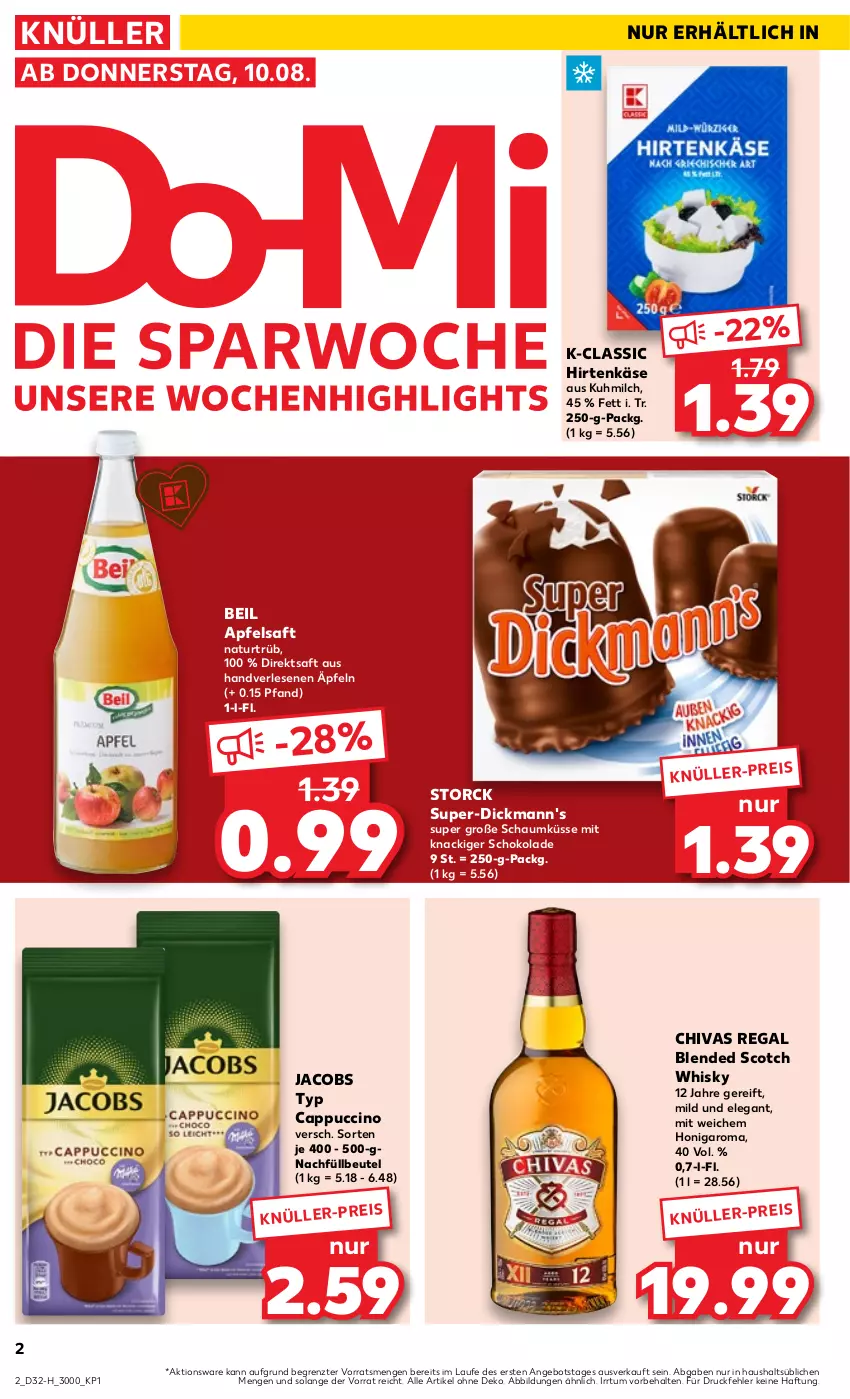 Aktueller Prospekt Kaufland - Extra-Angebote - von 10.08 bis 16.08.2023 - strona 2 - produkty: angebot, apfel, apfelsaft, beutel, blended scotch, blended scotch whisky, Cap, cappuccino, cin, Dickmann's, direktsaft, eis, hirtenkäse, honig, jacobs, Käse, milch, natur, regal, saft, schoko, schokolade, scotch, scotch whisky, storck, Ti, whisky, ZTE