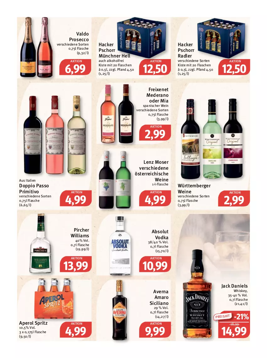 Aktueller Prospekt Feneberg - Prospekte - von 07.07 bis 09.07.2022 - strona 12 - produkty: Absolut Vodka, alkohol, amaro, aperol, averna, Berger, doppio passo, ecco, eis, flasche, freixenet, hacker pschorr, jack daniel, jack daniels, Lenz Moser, moser, passo, pircher, primitivo, prosecco, radler, reis, Ti, valdo, vodka, wein, weine, whiskey