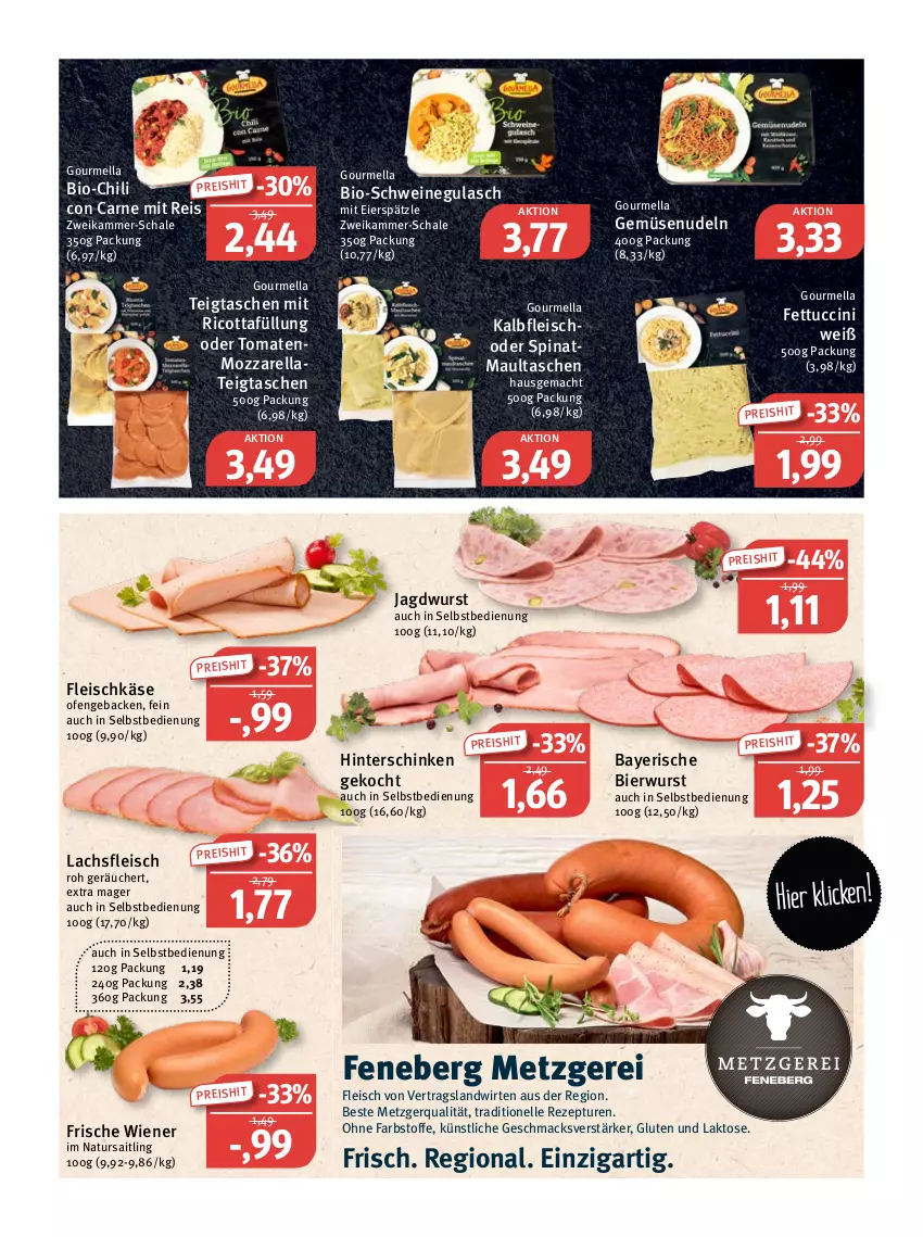 Aktueller Prospekt Feneberg - Prospekte - von 07.07 bis 09.07.2022 - strona 3 - produkty: bier, bio, chili, cin, eier, eierspätzle, eis, elle, fleisch, fleischkäse, geback, gulasch, hinterschinken, jagdwurst, Kalbfleisch, Käse, lachs, mac, maultaschen, mozzarella, natur, nudel, nudeln, Ofen, reis, rel, rezept, ricotta, Schal, Schale, schinken, schwein, schweine, schweinegulasch, spinat, Tasche, taschen, Ti, tomate, tomaten, tuc, wein, weine, wiener, wurst