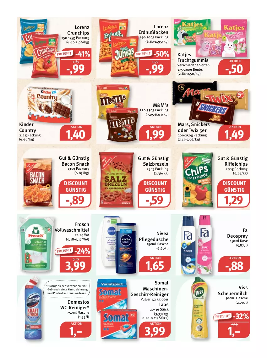 Aktueller Prospekt Feneberg - Prospekte - von 07.07 bis 09.07.2022 - strona 9 - produkty: bacon, beutel, bio, brezel, Brezeln, chips, crunchips, deo, deospray, discount, domestos, dusche, eis, flasche, Frosch, frucht, fruchtgummi, fruchtgummis, geschirr, Heu, katjes, Kinder, kinder country, lorenz, lorenz crunchips, mars, milch, nivea, oder twix, pflegedusche, Rauch, reiniger, reis, rwe, salz, scheuermilch, snack, snickers, somat, Ti, twix, vollwaschmittel, waschmittel, wc-reiniger