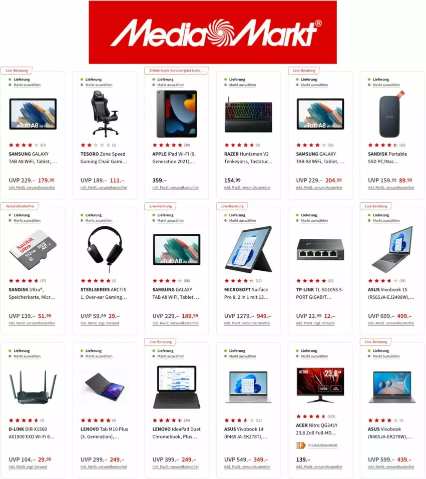 Aktueller Prospekt Media Markt - Prospekte - von 22.09 bis 07.10.2022 - strona 4 - produkty: acer, Apple, asus, ipad, K2, lenovo, mac, ndk, Razer, Samsung, samsung galaxy, Samsung Galaxy M, sandisk, spee, speicherkarte, ssd, Surf, tablet, tee, Ti, TP-Link, versandkostenfrei, VivoBook