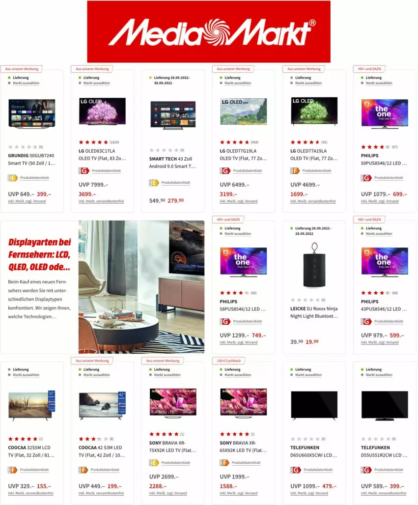 Aktueller Prospekt Media Markt - Prospekte - von 22.09 bis 07.10.2022 - strona 9 - produkty: erde, fernseher, grundig, LCD TV, led tv, leds, LG, oled tv, Philips, qled, smart tv, sony, telefunken, Ti