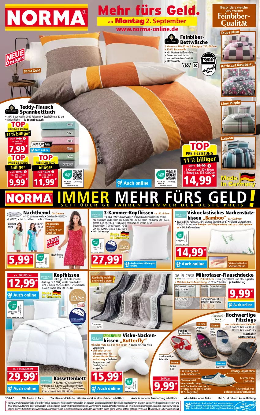 Aktueller Prospekt Norma - Norma - von 02.09 bis 09.09.2024 - strona 1 - produkty: aqua, asti, bamboo, bambus, Bau, baumwolle, Bebe, bett, Betttuch, bettwäsche, butter, Clogs, creme, daunen und federn, decke, decksohle, eis, elle, ente, gin, hemd, hohenstein, kissen, kopfkissen, LG, mint, Nachthemd, nackenkissen, nackenstützkissen, ndk, reifen, reis, Ria, schuhe, shirt, spannbetttuch, Spezi, Ti, tisch, tuc, wolle, ZTE