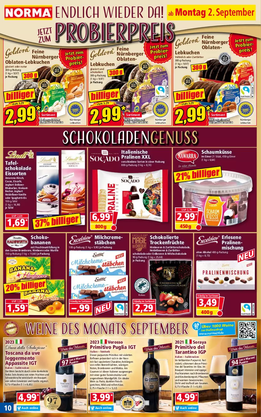 Aktueller Prospekt Norma - Norma - von 02.09 bis 09.09.2024 - strona 10 - produkty: alkohol, banane, bananen, Becher, beere, beeren, Berger, bier, brombeere, brombeeren, cocos, creme, Egger, eimer, eis, ente, erdbeere, erdbeeren, flasche, fleisch, frucht, früchte, früchten, Fruchtmark, Germ, gewürz, heidelbeere, heidelbeeren, himbeer, himbeere, himbeeren, joghur, joghurt, Käse, kirsch, kirsche, kirschen, Kirschenkompott, kraft, kuchen, Lebkuchen, milch, mit frucht, natur, nürnberger, Nürnberger Lebkuchen, nuss, Oblaten, ohne alkohol, pasta, pflaume, pflaumen, pralinen, primitivo, reifen, reis, rhabarber, schoko, Schokobananen, schokolade, schokoladen, spaghetti, tafelschokolade, Ti, Trockenfrüchte, vanille, vollmilch, wein, weine, Wild, Zartbitterschokolade