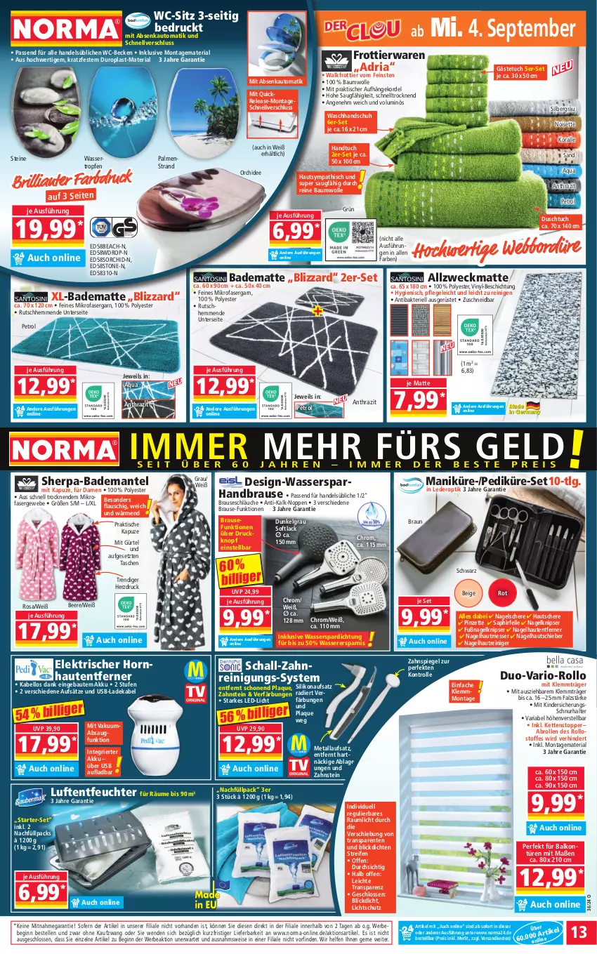 Aktueller Prospekt Norma - Norma - von 02.09 bis 09.09.2024 - strona 13 - produkty: akku, Allzweckmatte, aqua, auto, Bad, Bademantel, badematte, Bau, baumwolle, Bebe, beere, Blizzard, braun, brause, deka, duschtuch, eis, elle, ente, gästetuch, gin, handbrause, handtuch, Kette, Kinder, lack, ladekabel, led-licht, LG, Luftentfeuchter, mab, Mantel, messer, mikrofaser, ndk, orchidee, passend für alle, Pinzette, reifen, reine baumwolle, reiniger, Reinigung, reis, rel, Ria, Schal, Schere, schläuche, spiegel, Tasche, taschen, Ti, tisch, topper, tuc, usb, waschhandschuh, wasser, wc-sitz, weck, wolle, ZTE